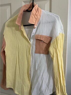 Colorblock Gauze Button-Up Shirt in White, Yellow & Peach
